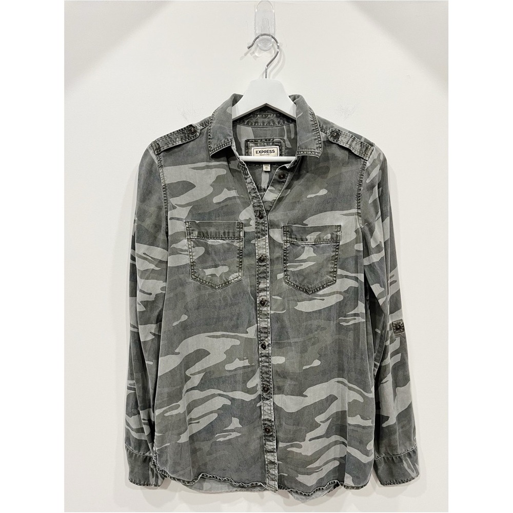 Express Boyfriend Gray Camo Utility Button Down Shirt XS